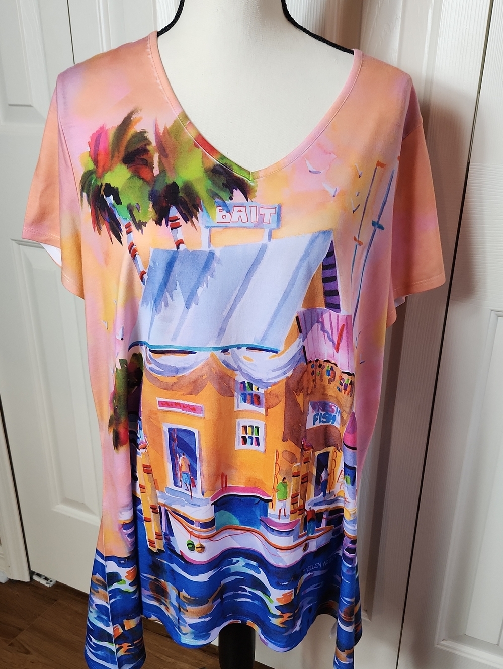Ellen Negley, Tropical V-Neck Tunic Top in Pink Multi